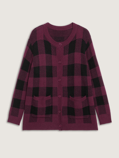 Checkered Jacquard Buttons Pockets Knit Cardigan