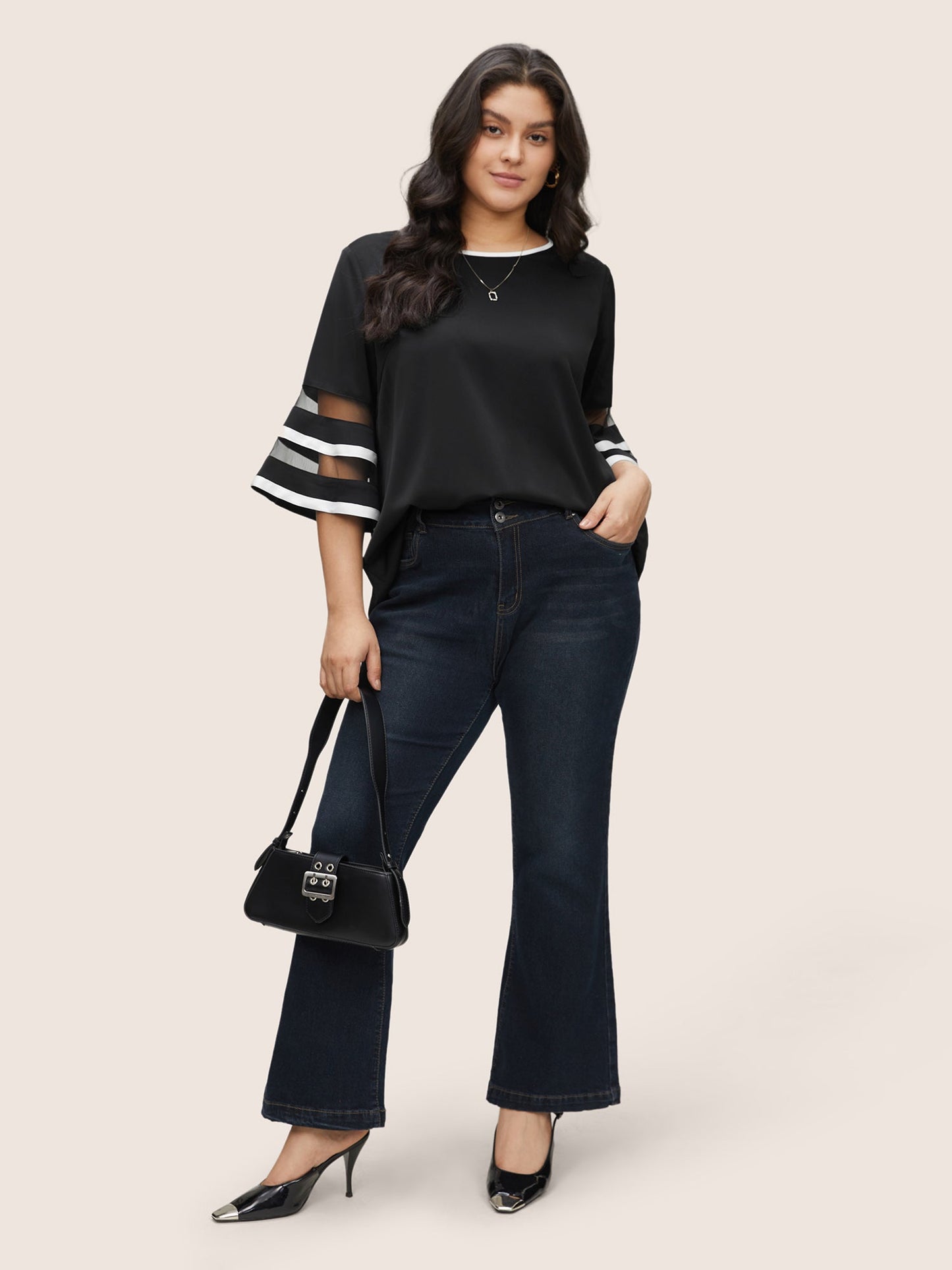 Contrast Patchwork Mesh Bell Sleeve Blouse
