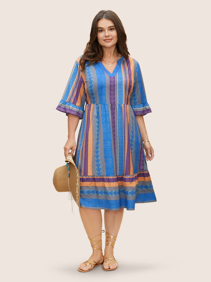 Notched Collar Geometric Striped Ruffle Sleeve Dress