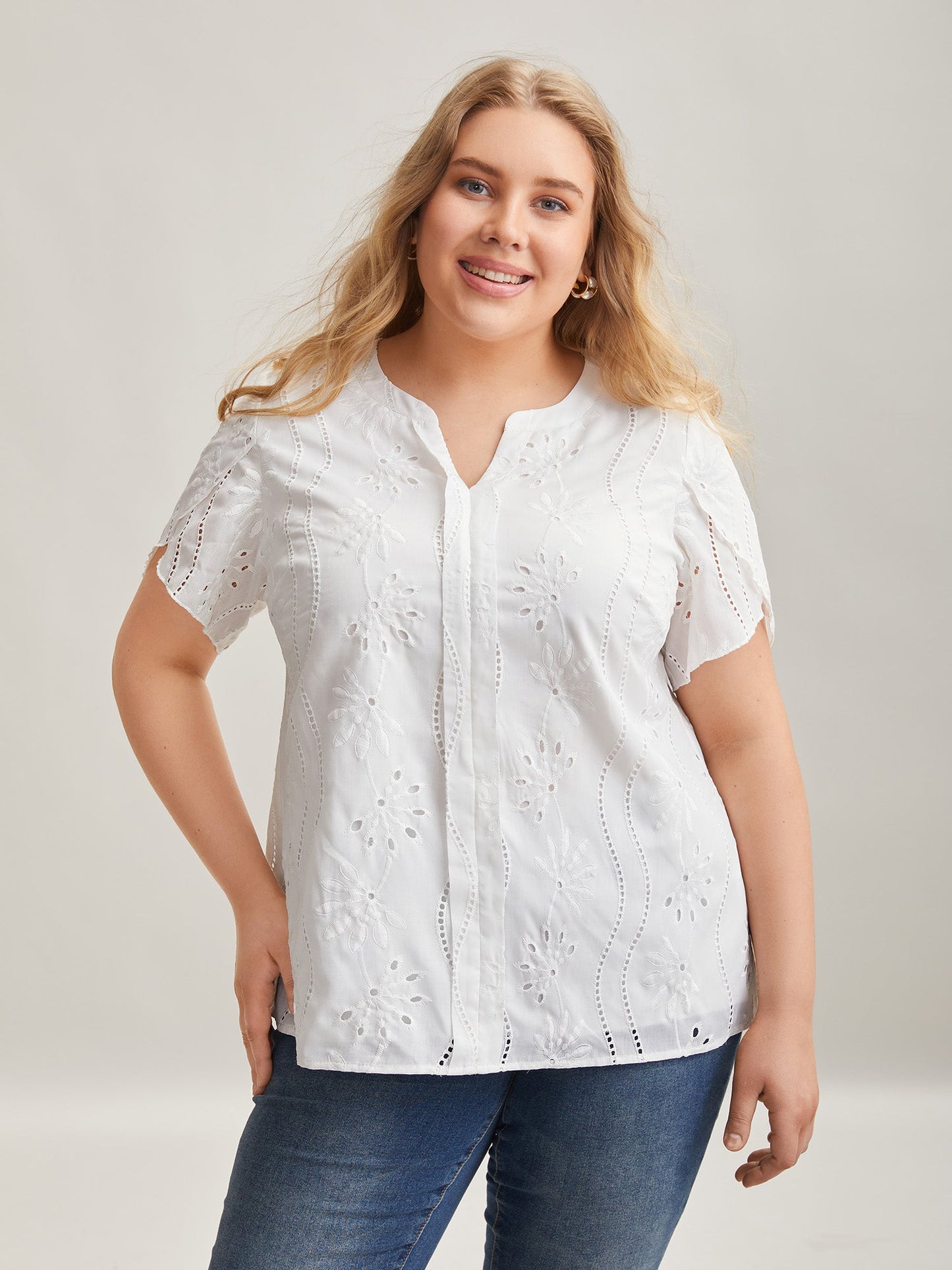 Embroidered Petal Sleeve Sheer Shirt