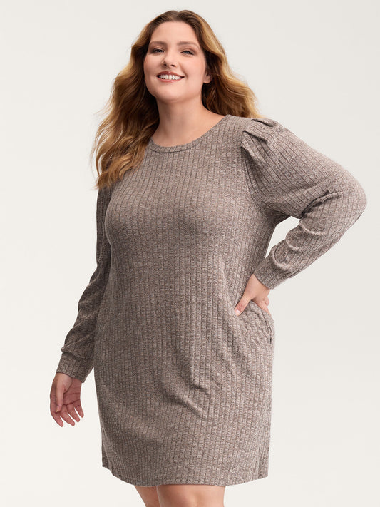Ribbed Puffy Sleeve Knee-Length Sweater Dress