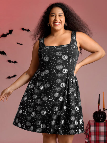Star Moon Stretchy Square Neck Mini Dress