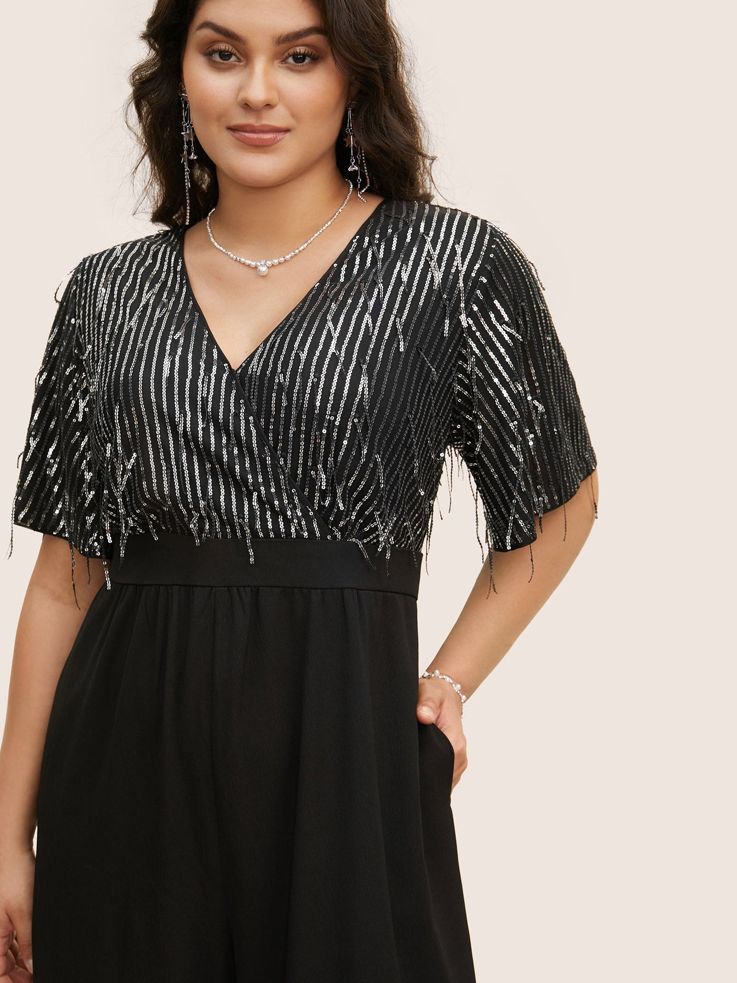 V Neck Sequins Tassel Detail Wrap Jumpsuit