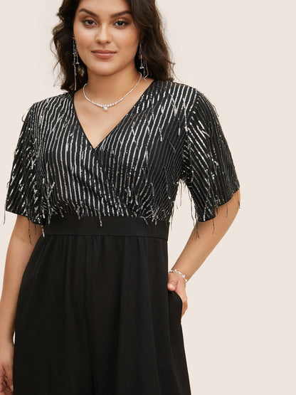 V Neck Sequins Tassel Detail Wrap Jumpsuit