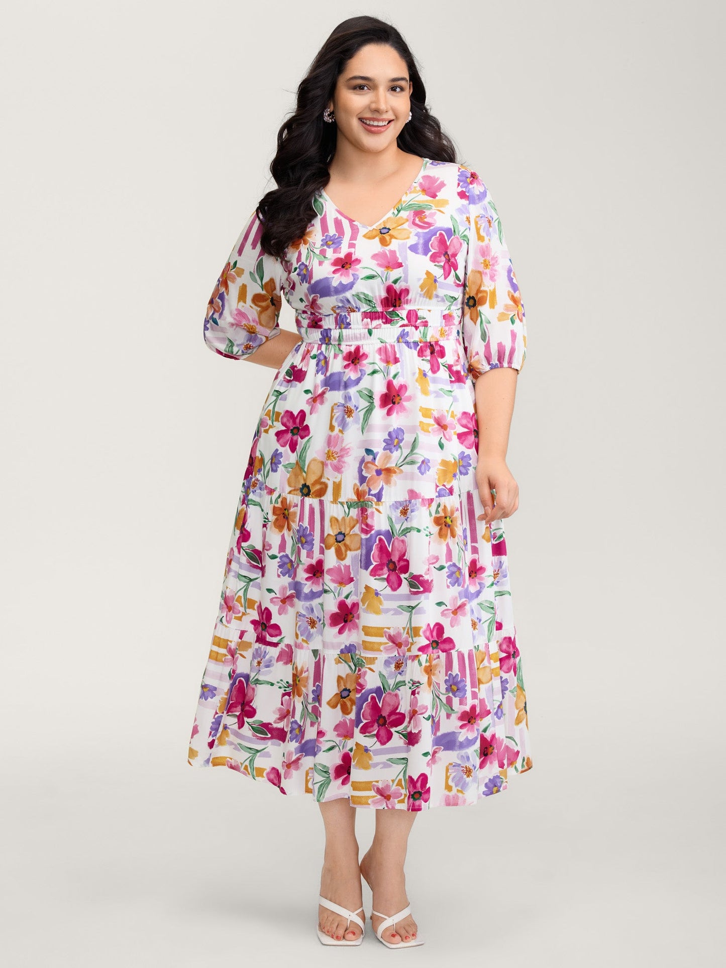 Bright Floral Print Pleated Waist Maxi Dress