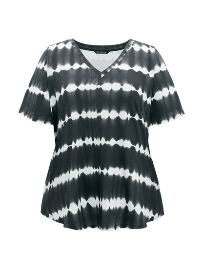 Striped Tie Dye Curved Hem T-shirt