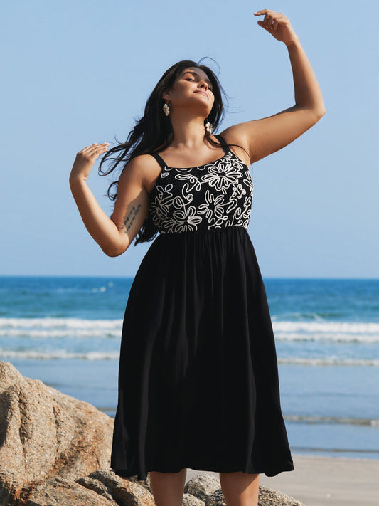 Floral Embroidered Pockets Spliced Midi Dress