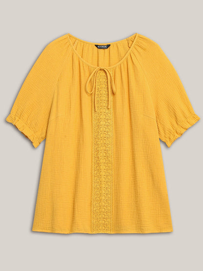Pure Cotton Lace Placket Tied Blouse