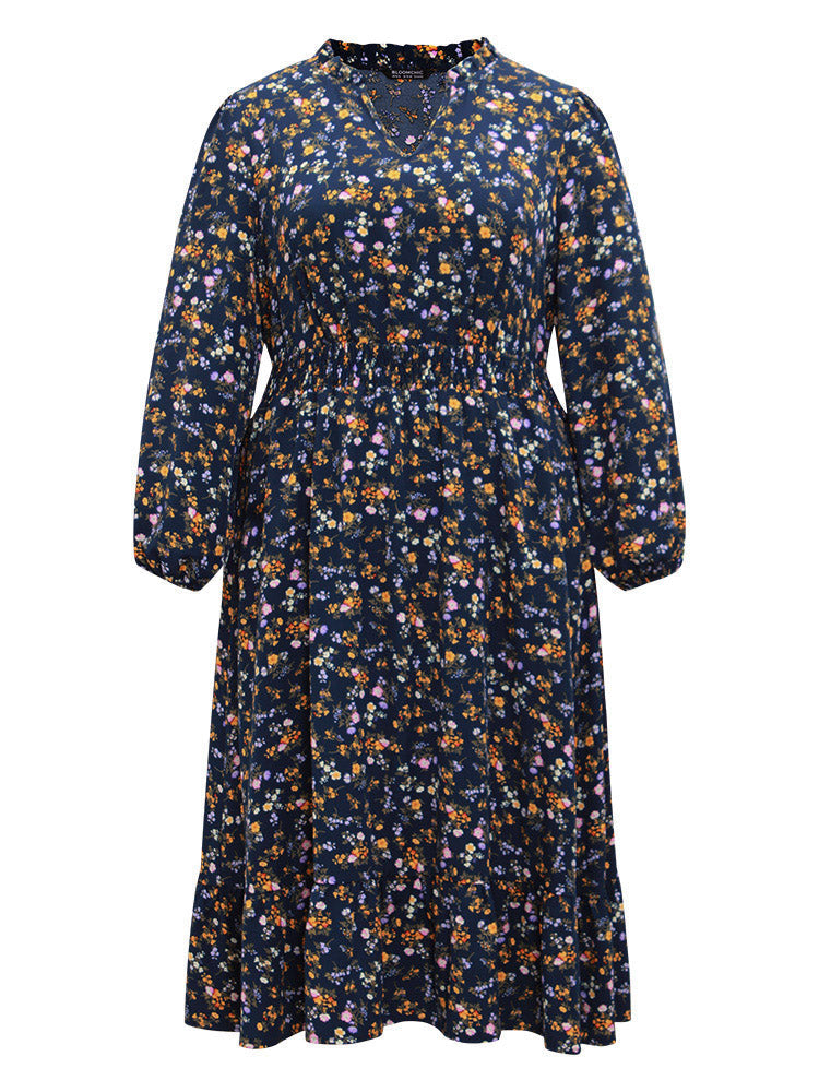 Ditsy Floral Notched Shirred Pocket Elastic Waist Dress