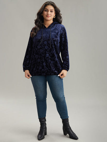 Velvet Solid Floral Hooded Drawstring Sweatshirt