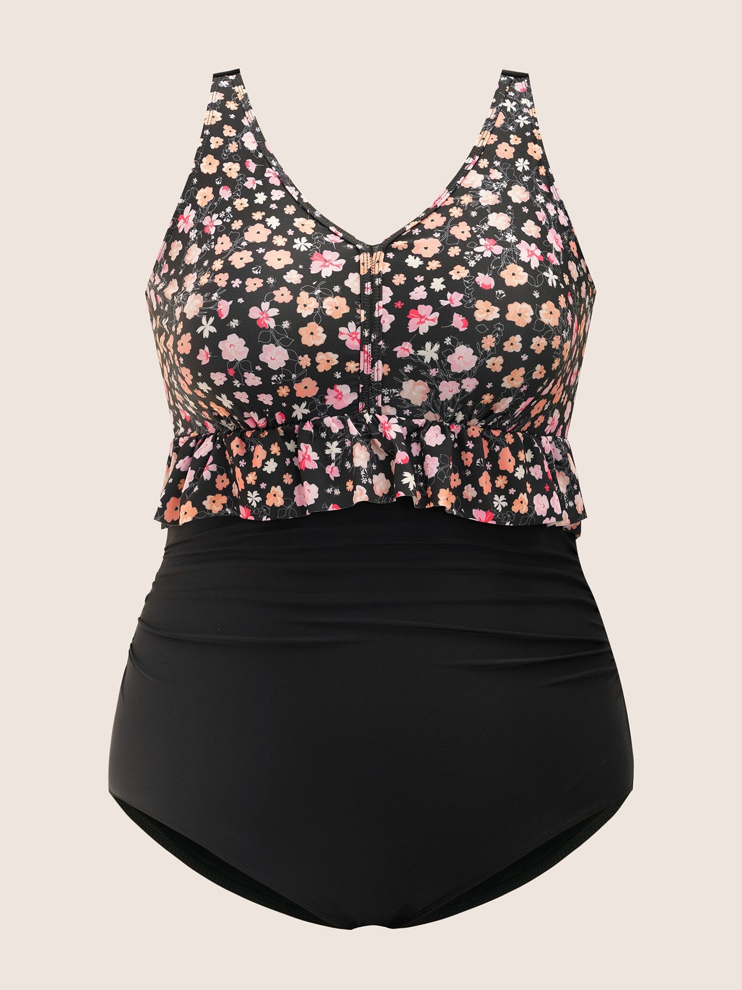 Ditsy Floral Patchwork Ruffle Trim One Piece Swimsuit