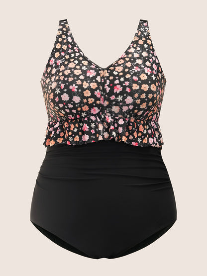 Ditsy Floral Patchwork Ruffle Trim One Piece Swimsuit
