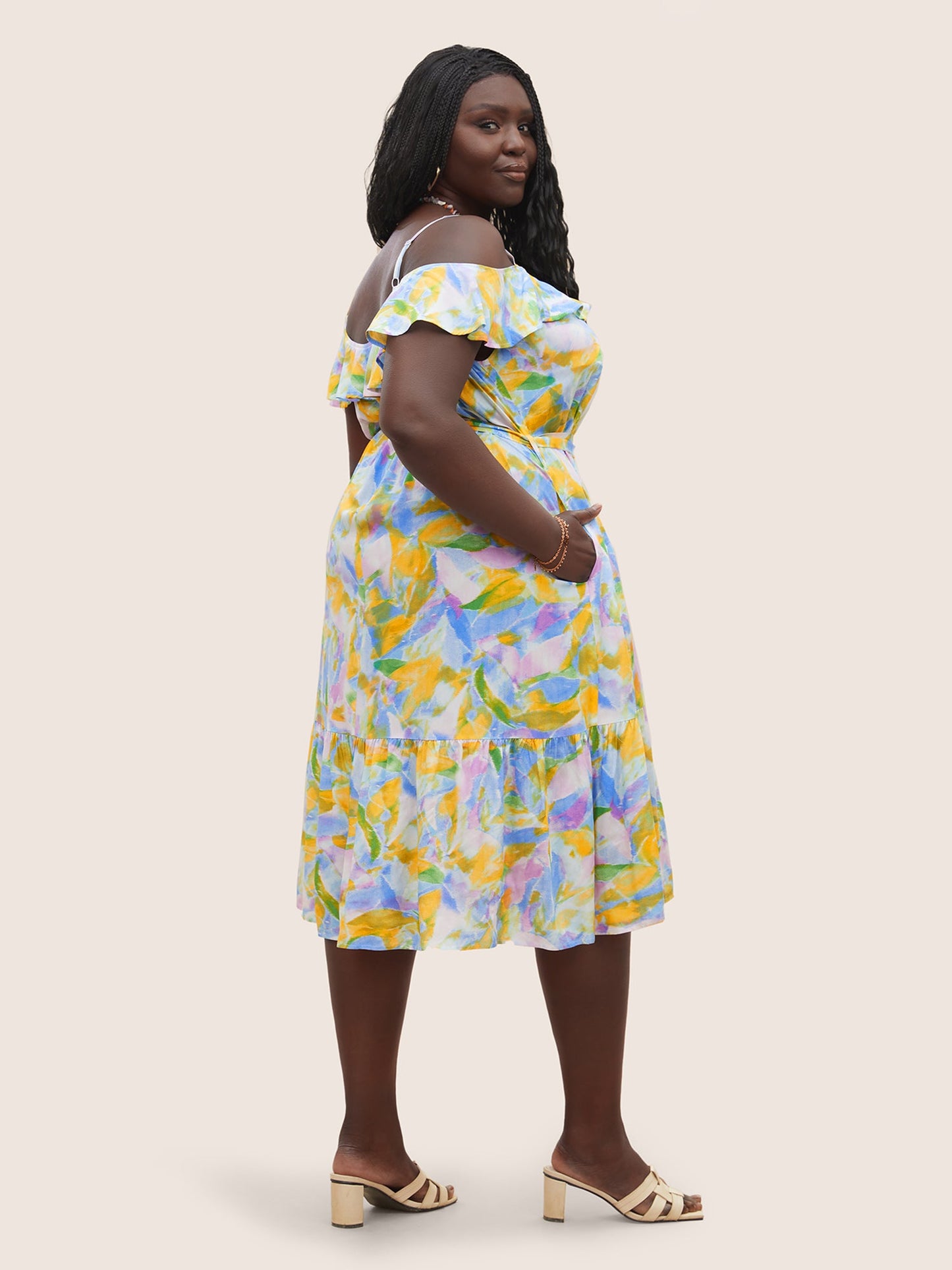 Rayon Pixel Flower Print Ruffles Pocket Dress