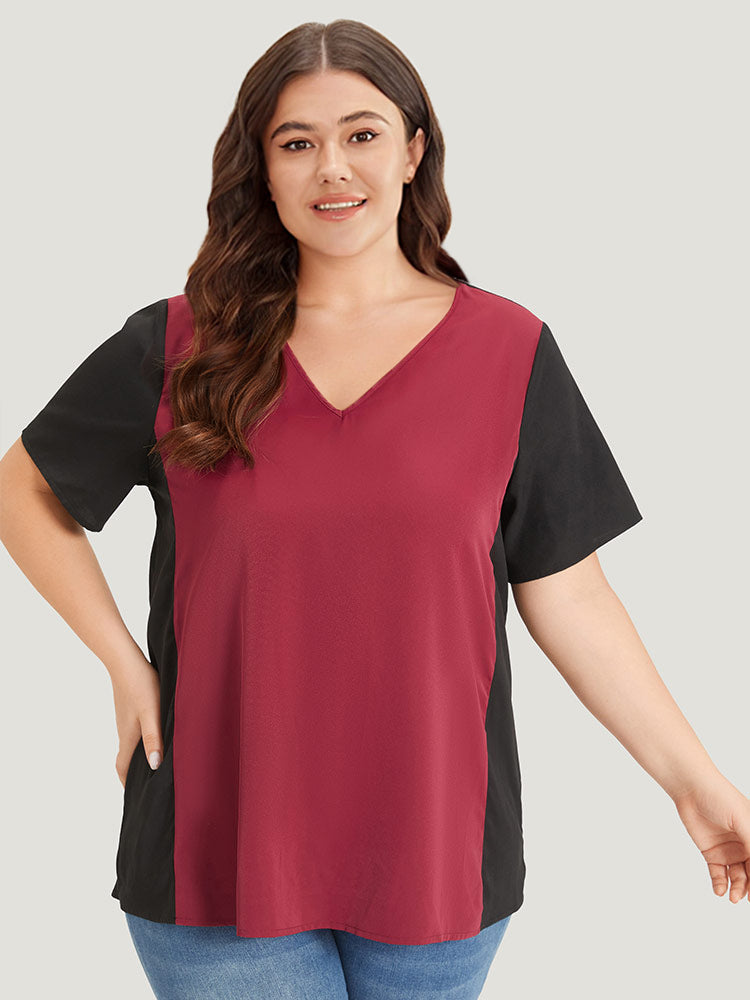 Colorblock Contrast Patchwork V Neck Blouse