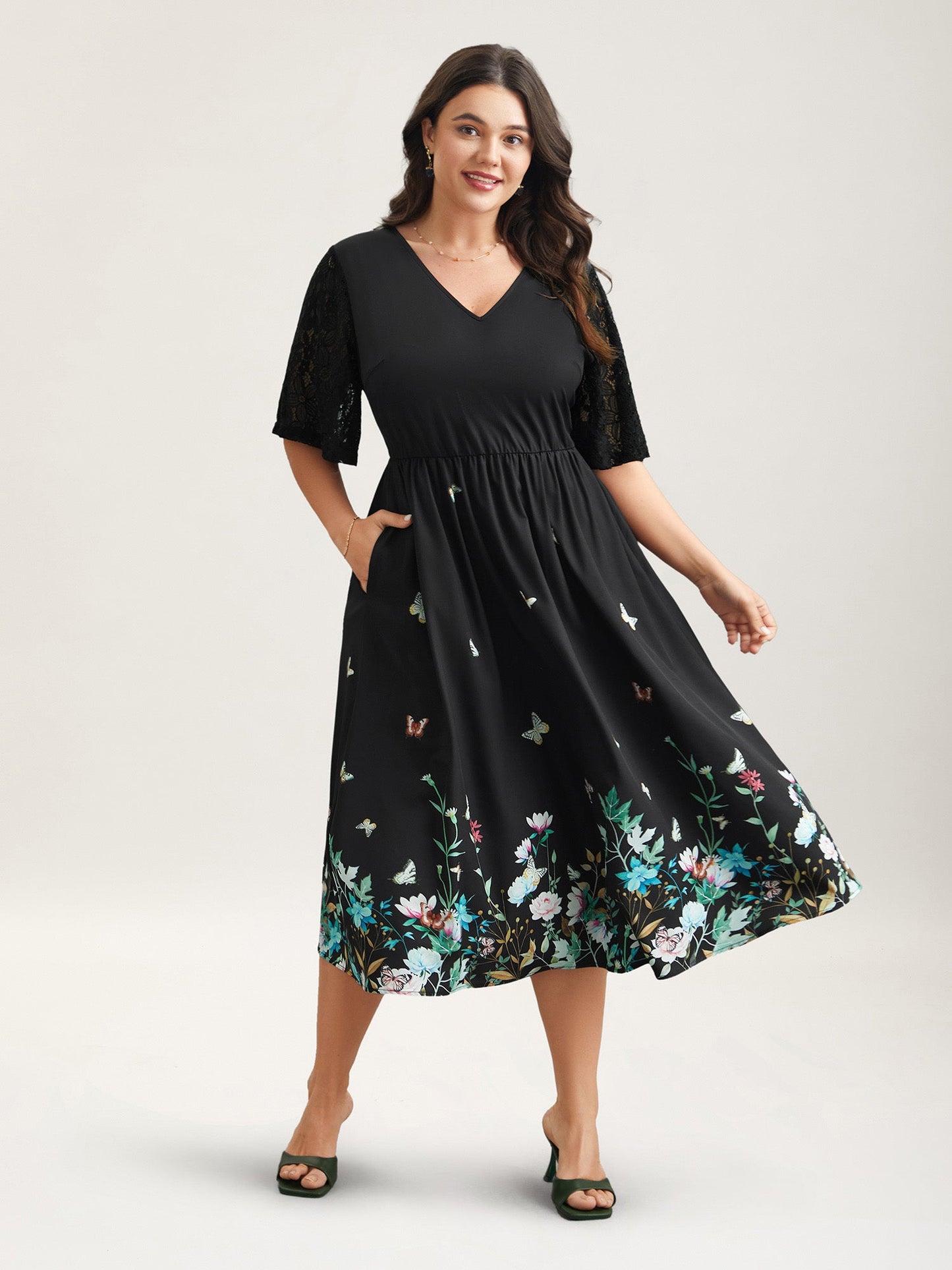 Gardenia Print Waist-Cinched Lace Midi Dress