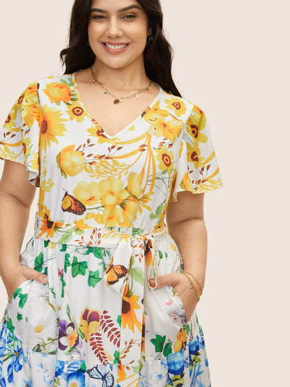 Floral & Butterfly Contrast Ruffle Layered Hem Dress