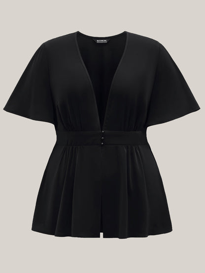 V-Neck Stretchy-Waist Button Flared Blouse