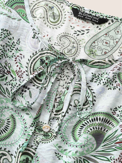 Paisley Print Knot Elastic Waist Blouse