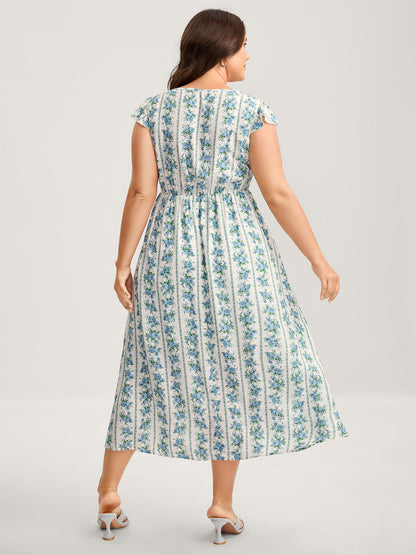 Floral Stripe Flutter Sleeve Maxi Dress