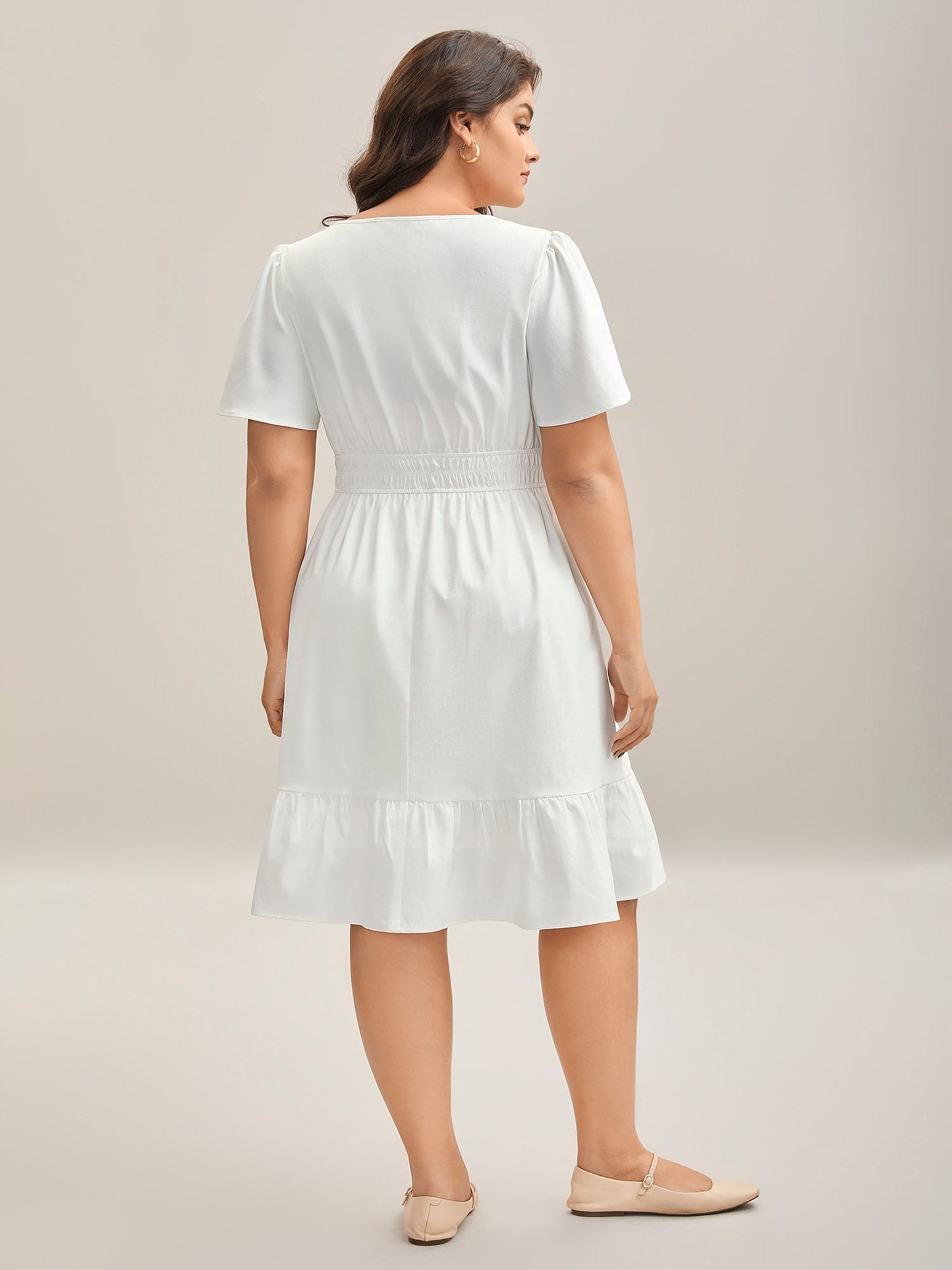 Woven Shirred Waist Split Neck Midi Dress