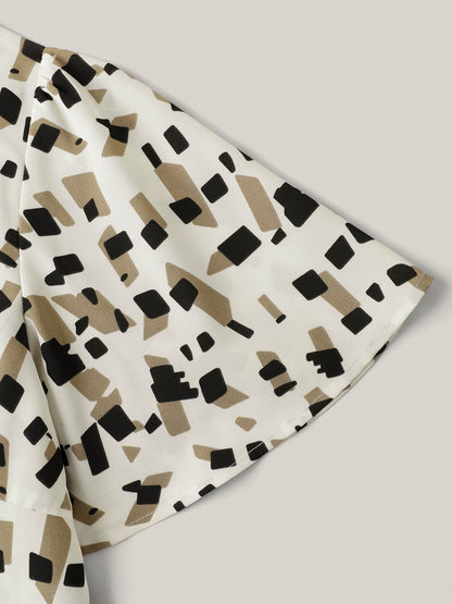 Geometric Print Ribbon Collar Blouse