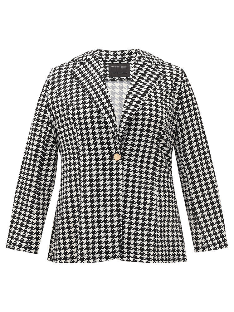 Houndstooth Button Up Suit Collar Blazer