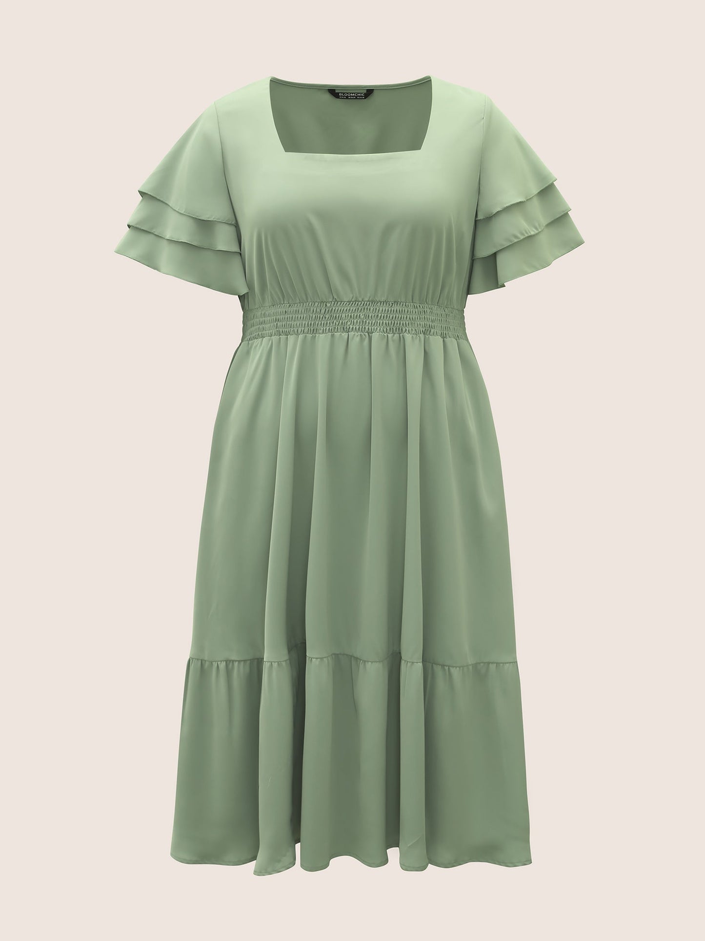 Square Neck Shirred Tiered Ruffle Sleeve Dress