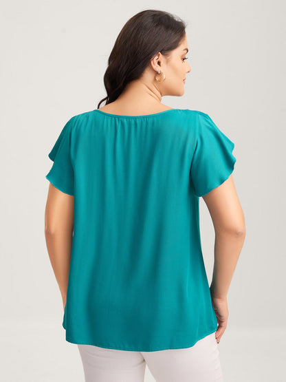 Ruffled Neck Metal Cut-Out Blouse
