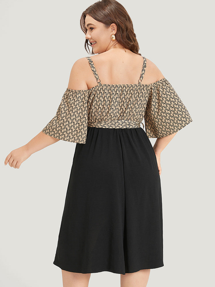Geometric Patchwork Pocket Belted Cold Shoulder Dress