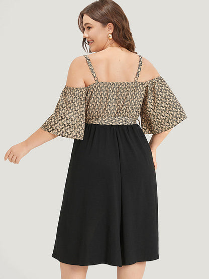 Geometric Patchwork Pocket Belted Cold Shoulder Dress