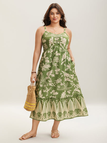 Tropical Print Tied Front Pockets Midi Dress