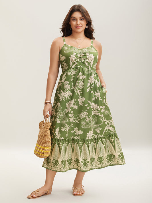 Tropical Print Tied Front Pockets Midi Dress