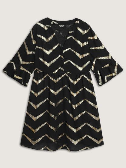 Gold Foil Wavy Knee-Length Dress