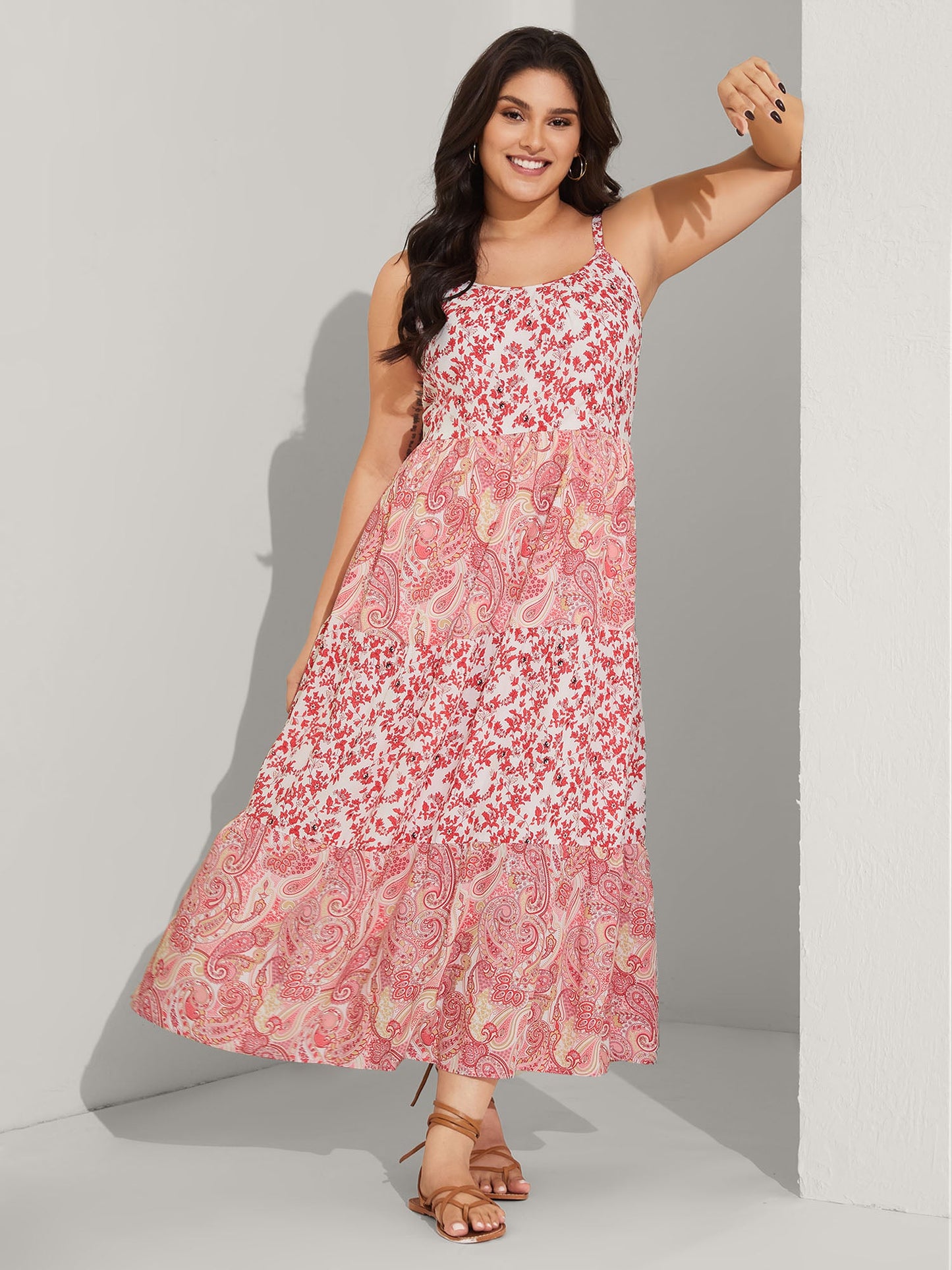 Floral Paisley Print Cami Pockets Midi Dress