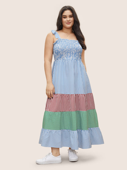 Contrast Striped Patchwork Shirred Ties Dress