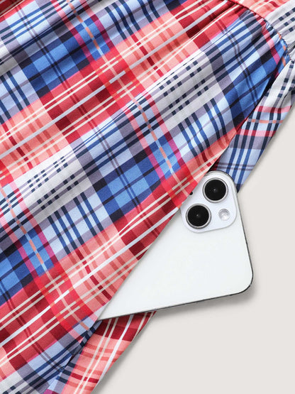Plaid Print Flutter Sleeve Pockets Midi Dress