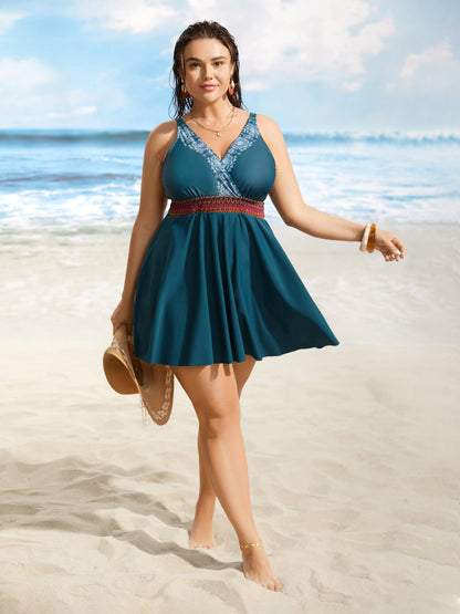Overlap Collar Bandana Print Contrast Webbing Swim Dress