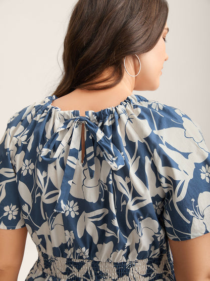 Cotton Silhouette Floral Print Shirred Waist Blouse
