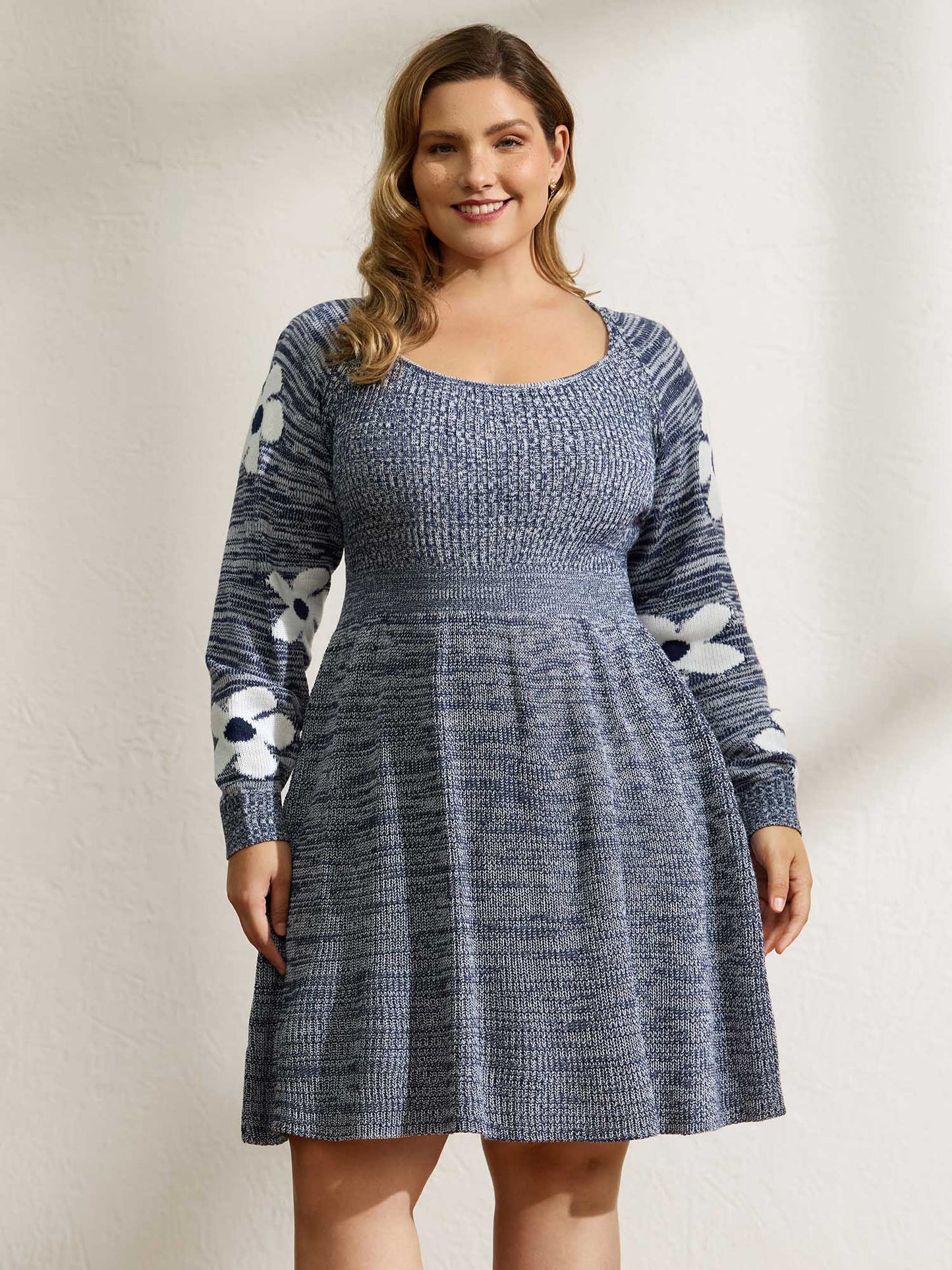 Floral Jacquard Print Mixed Yarn Knit Midi Dress