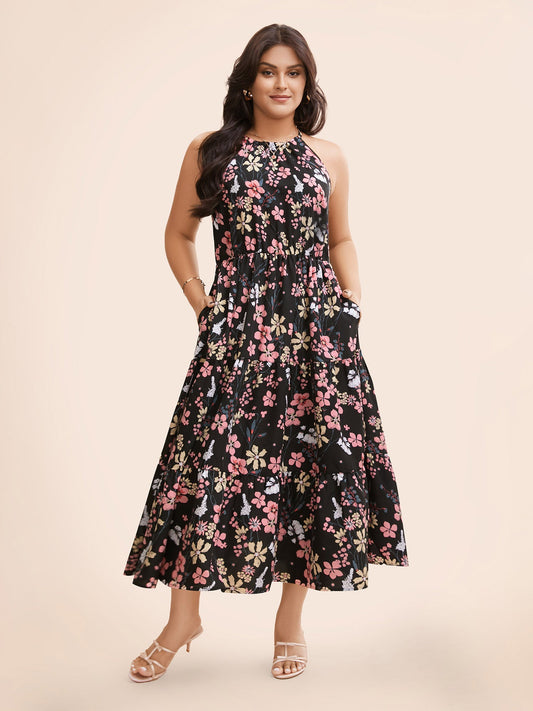 Floral Halter Neck Ruffle Hem Dress