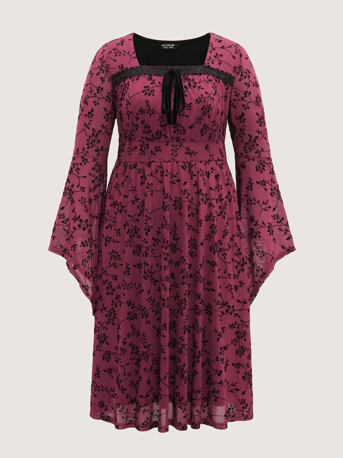 Floral Flocked Lace Cinched-Waist Midi Dress