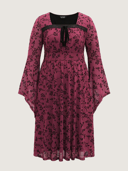 Floral Flocked Lace Cinched-Waist Midi Dress
