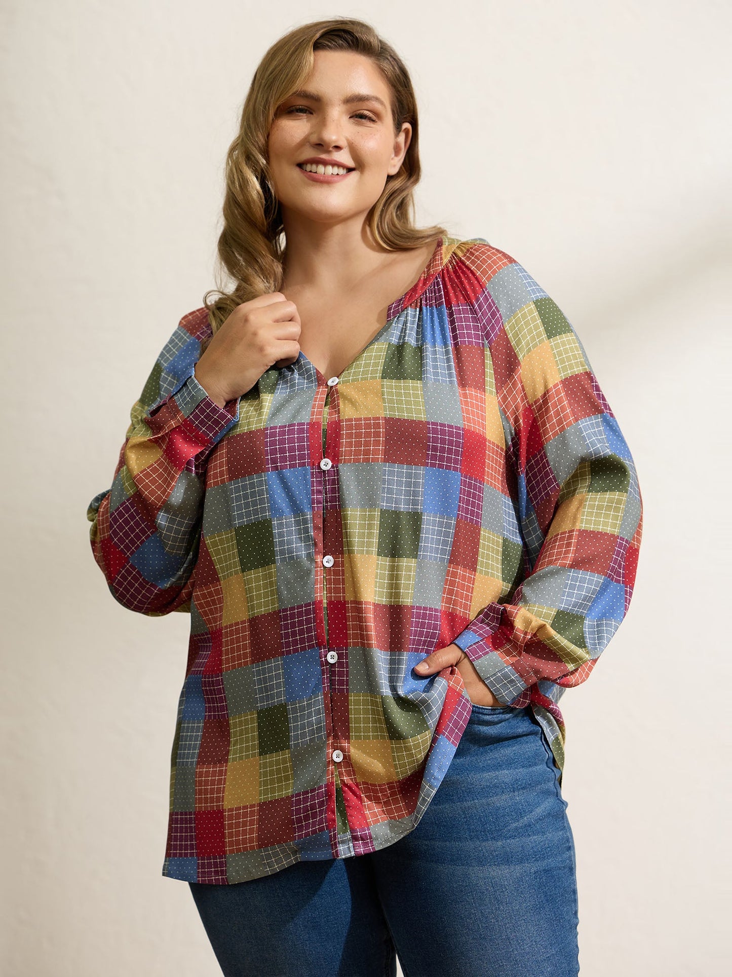 Colorful Check Print Button Relaxed-Fit Blouse
