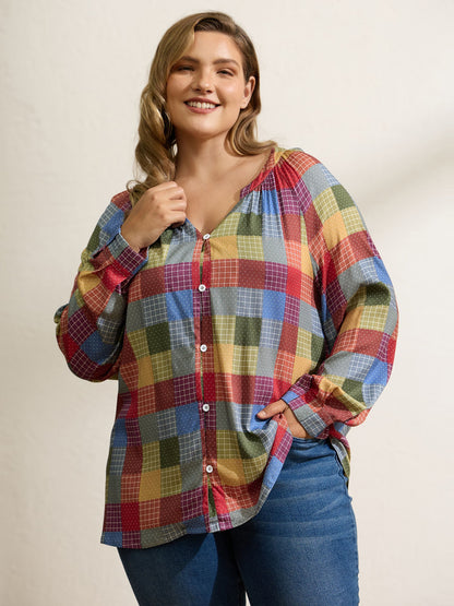 Colorful Check Print Button Relaxed-Fit Blouse