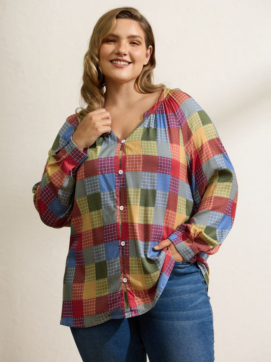 Colorful Check Print Button Relaxed-Fit Blouse