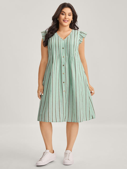Pleated Front Stripes Pockets Midi Dress