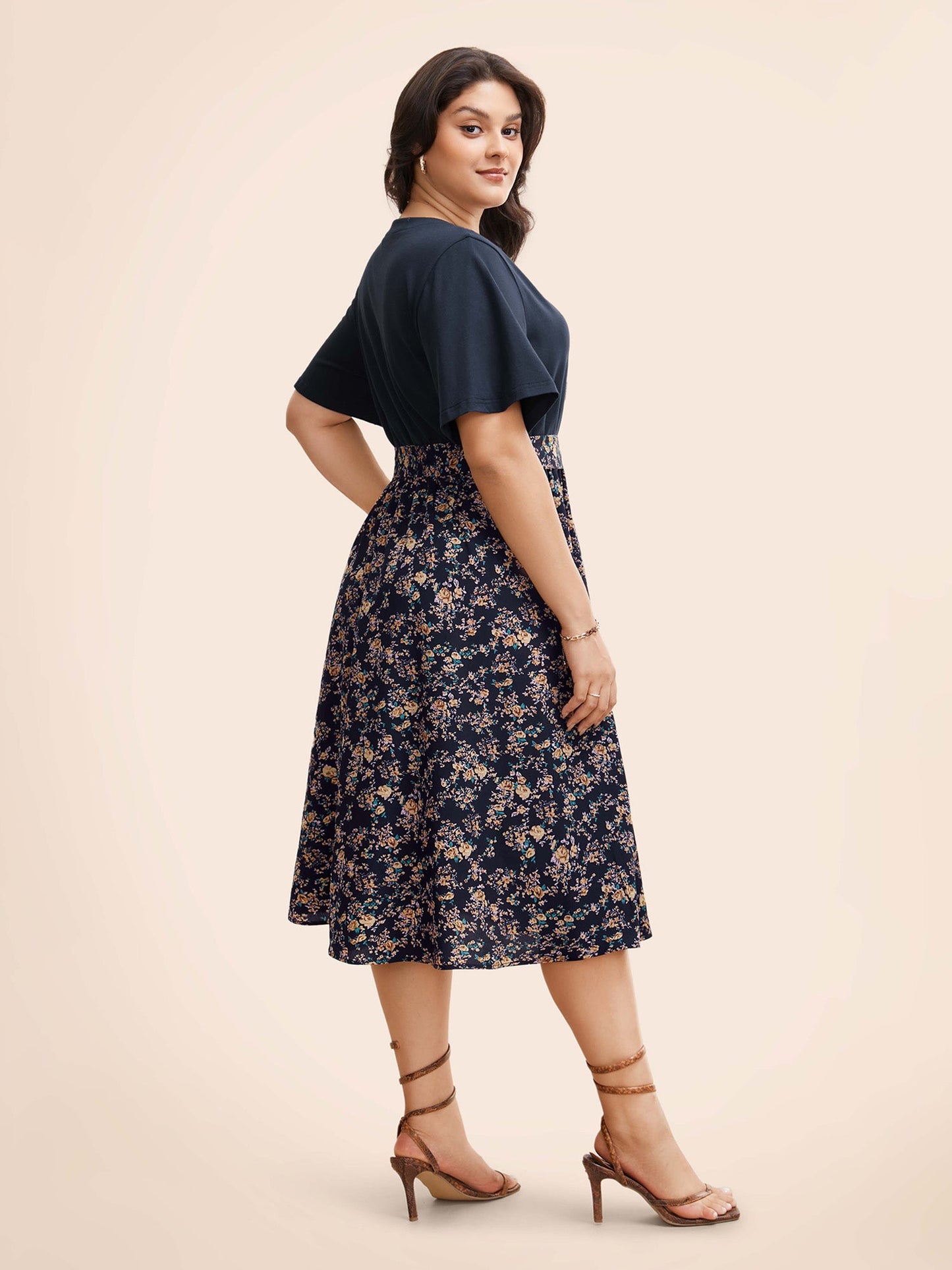 Notched Collar Floral Patchwork Belted Dress