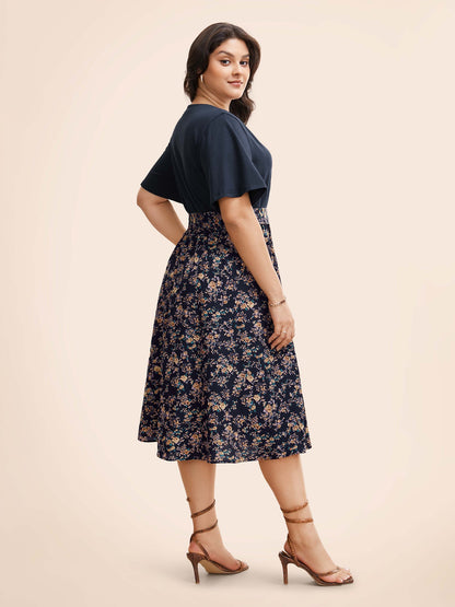 Notched Collar Floral Patchwork Belted Dress