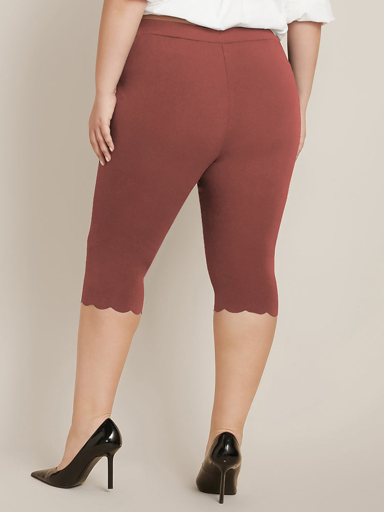 Solid Scalloped Trim Elastic Waist Skinny Leggings