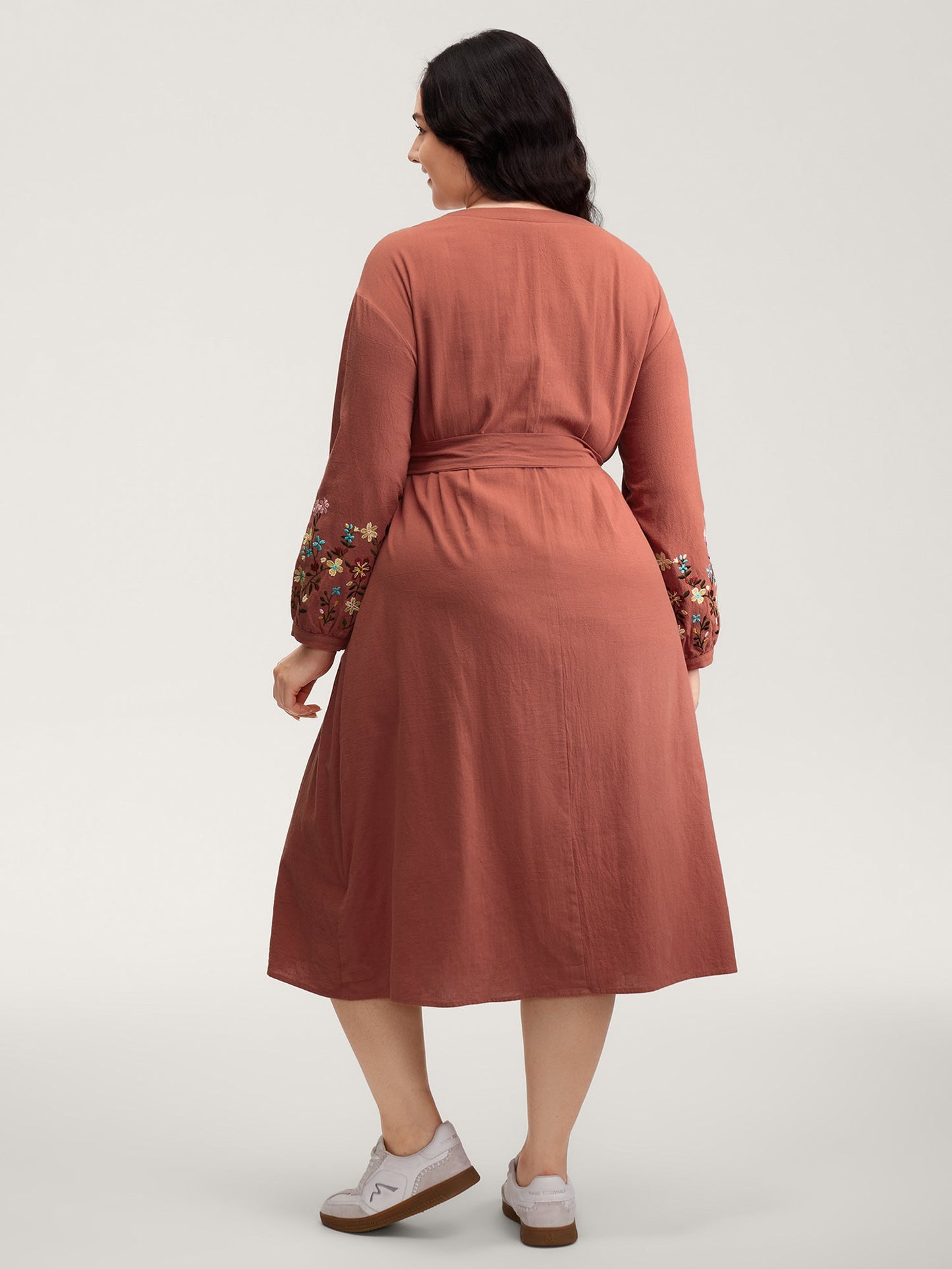Cotton Embroidered Sleeve Waist-Tie Midi Dress
